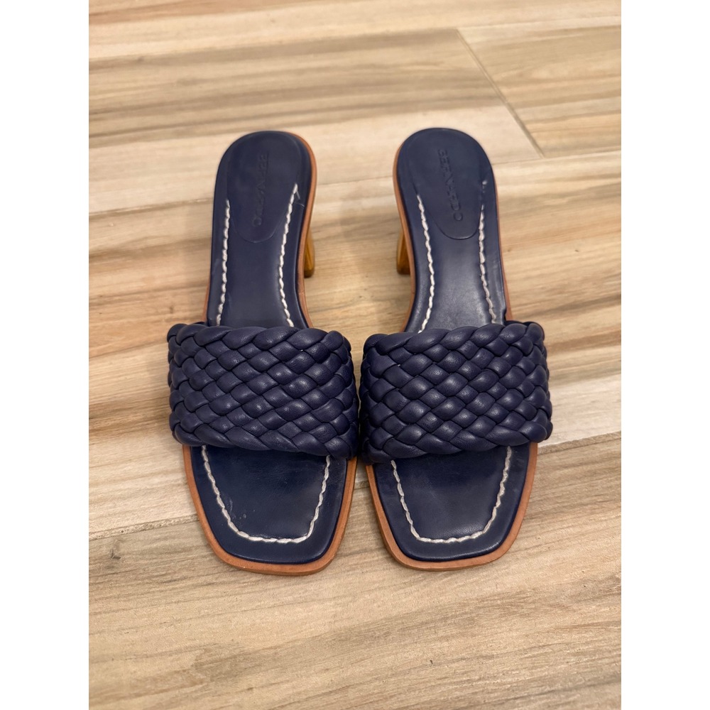 Bernardo Navy Blue Woven Leather Block Heel Slide Sandals Square Toe HB44J 8M